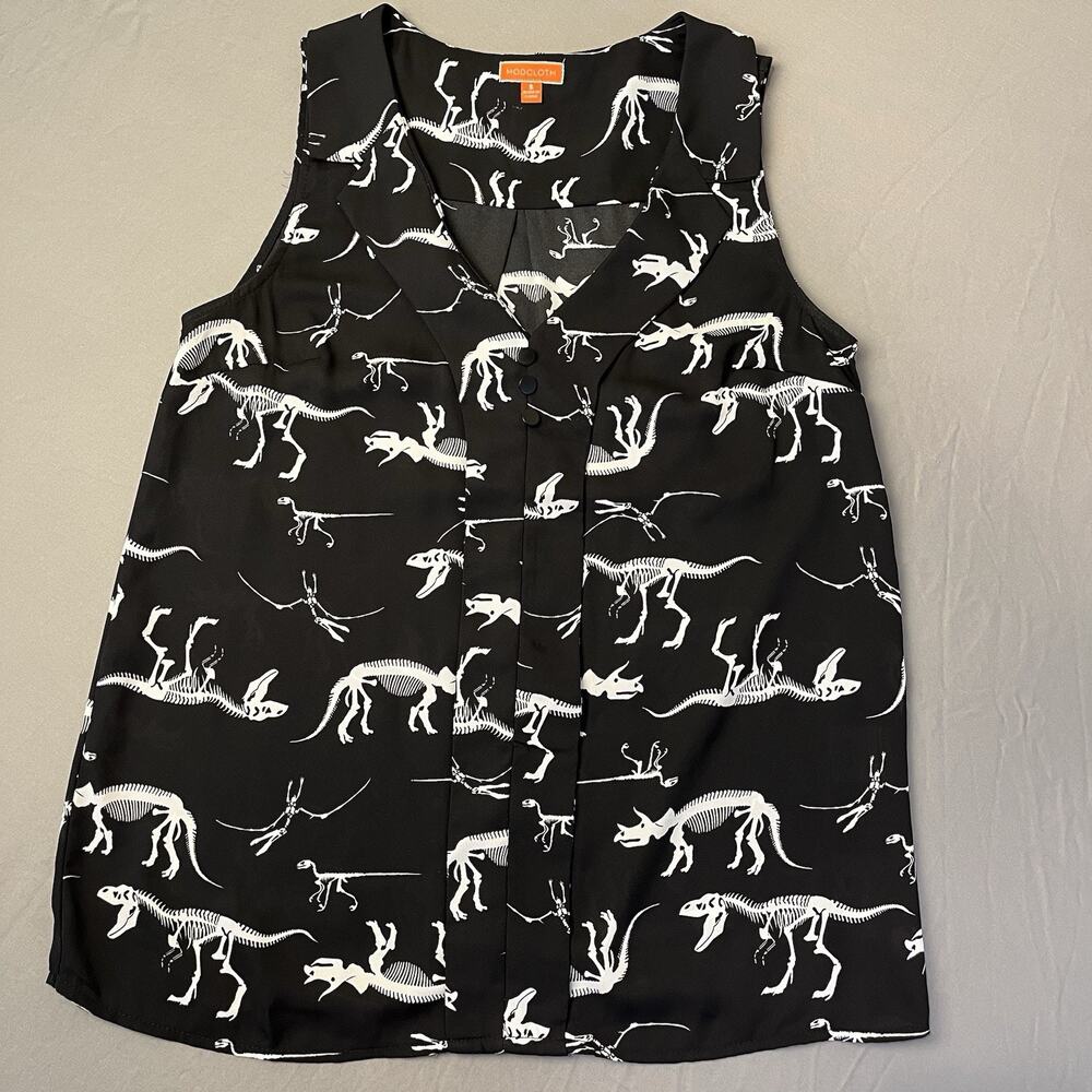 Modcloth Small Dinosaur Skeleton Sleeveless Top Accent Buttons Collared - Picture 3 of 13